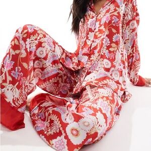 Free People Floral Red Satin Pajama Set